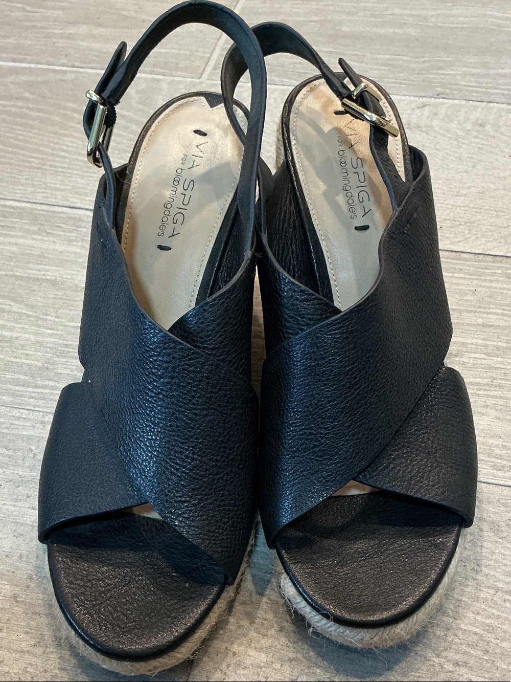 Via Spiga For Bloomingdales Black Leather Crossband Wedge Espadrille Sz 10M